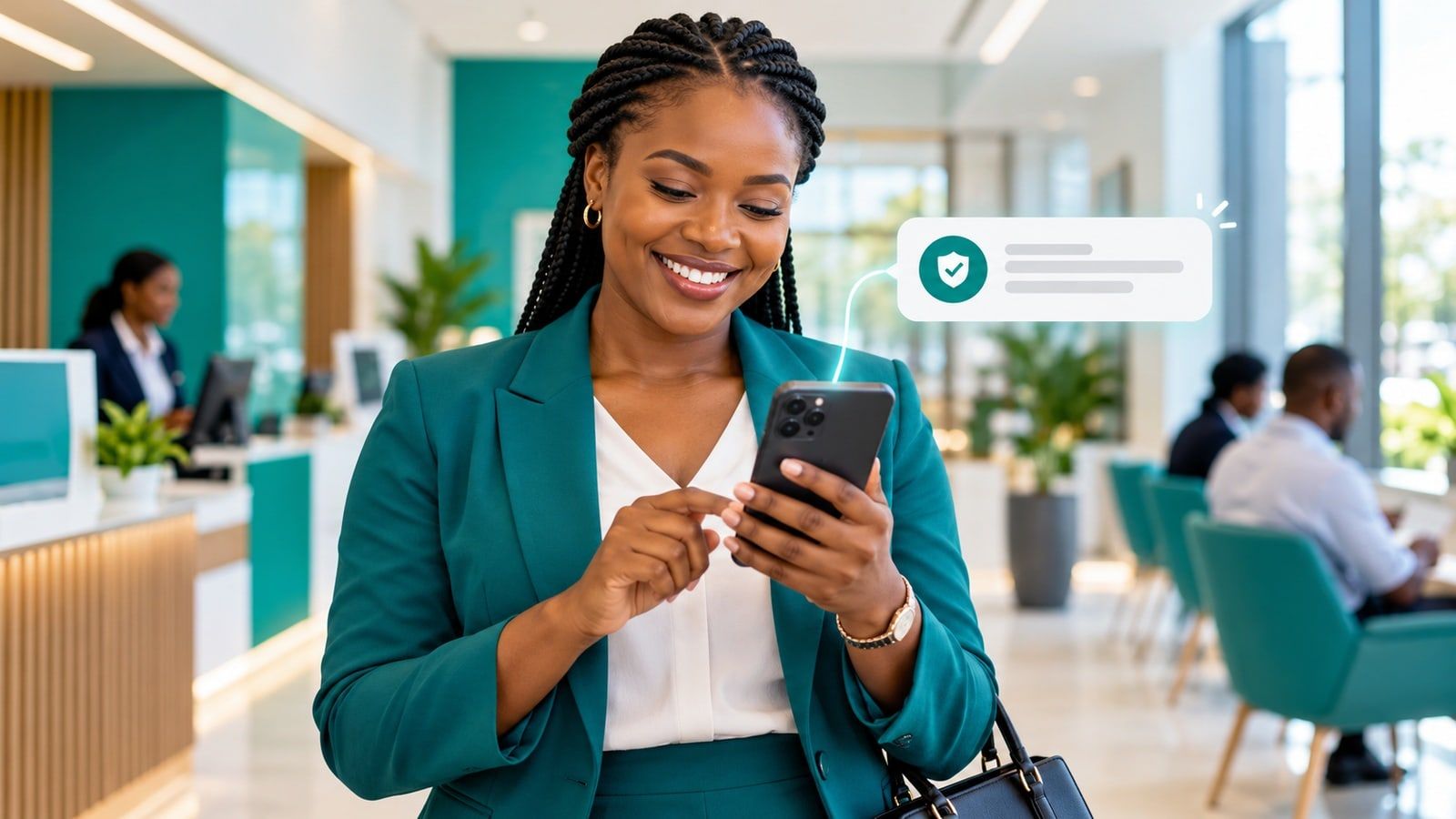 Business customer smiling as an SMS from a verified sender arrives on her smartphone