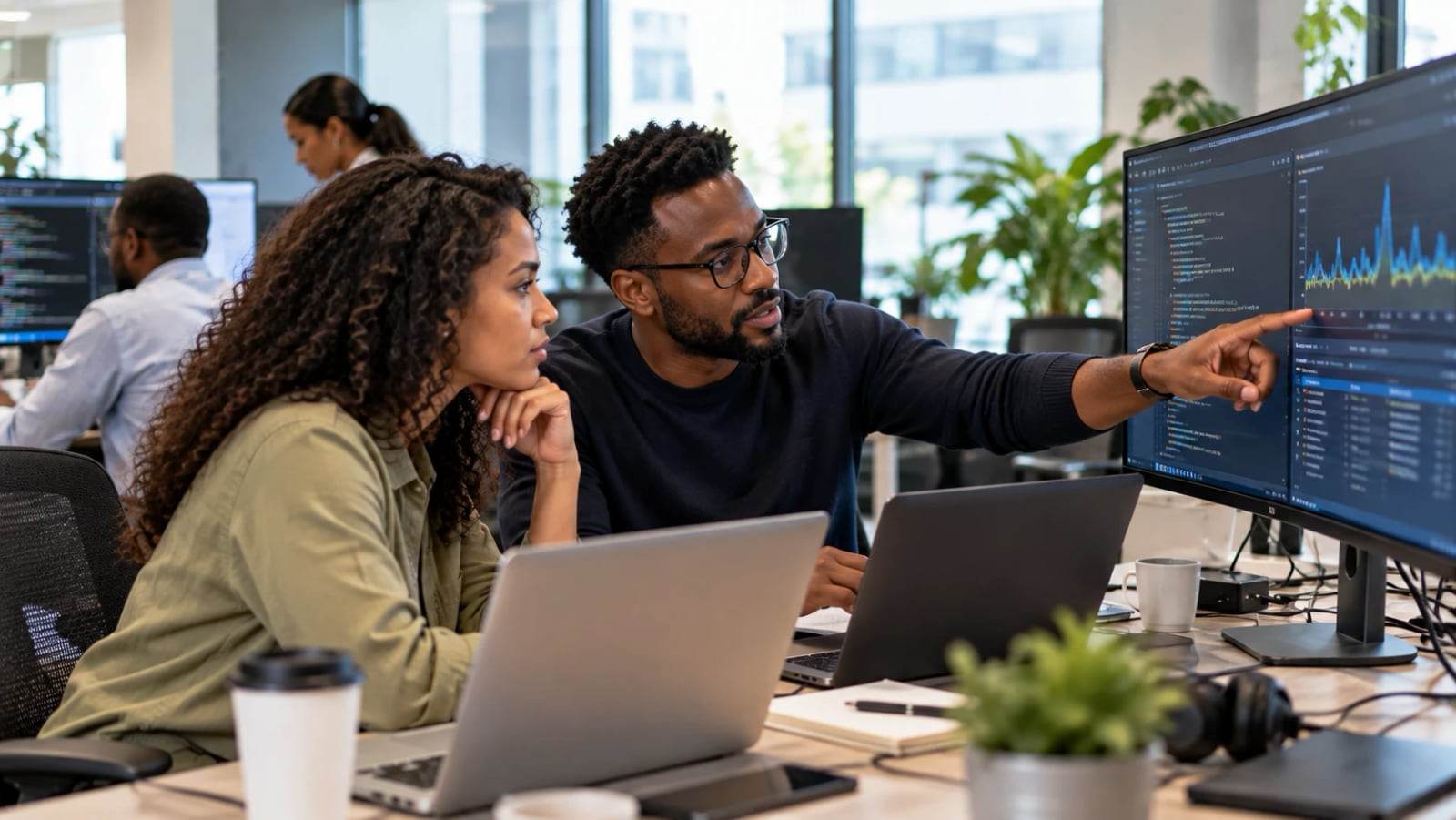 Colleagues with laptops planning together in a bright open-plan office