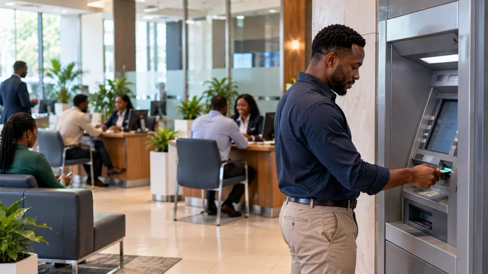 Bank customer using an ATM in a bright branch lobby