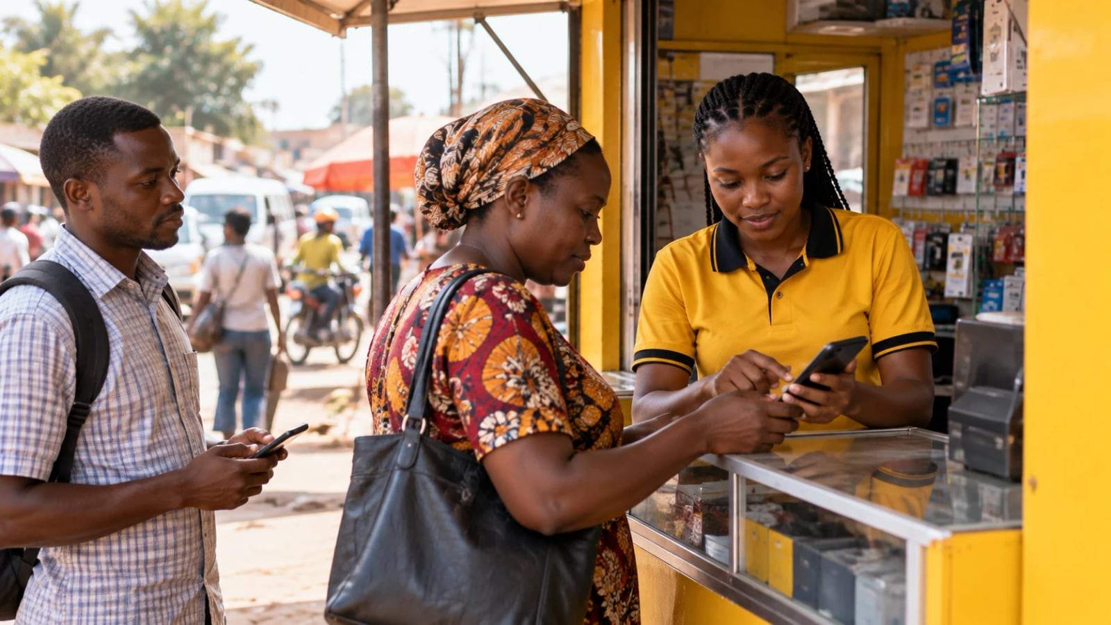Field agent helping a customer with a mobile payment at a roadside kiosk