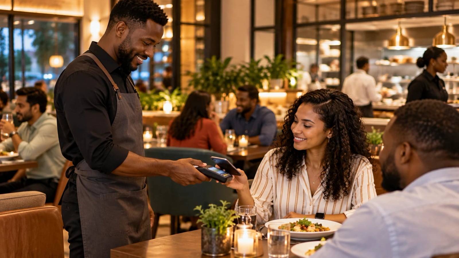 Customer paying with a mobile phone at a shop counter