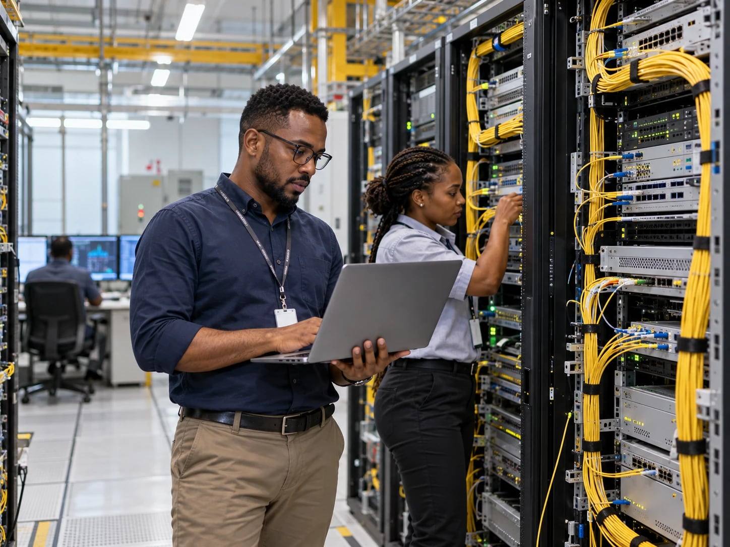 Engineers working on fiber racks in a carrier equipment hall