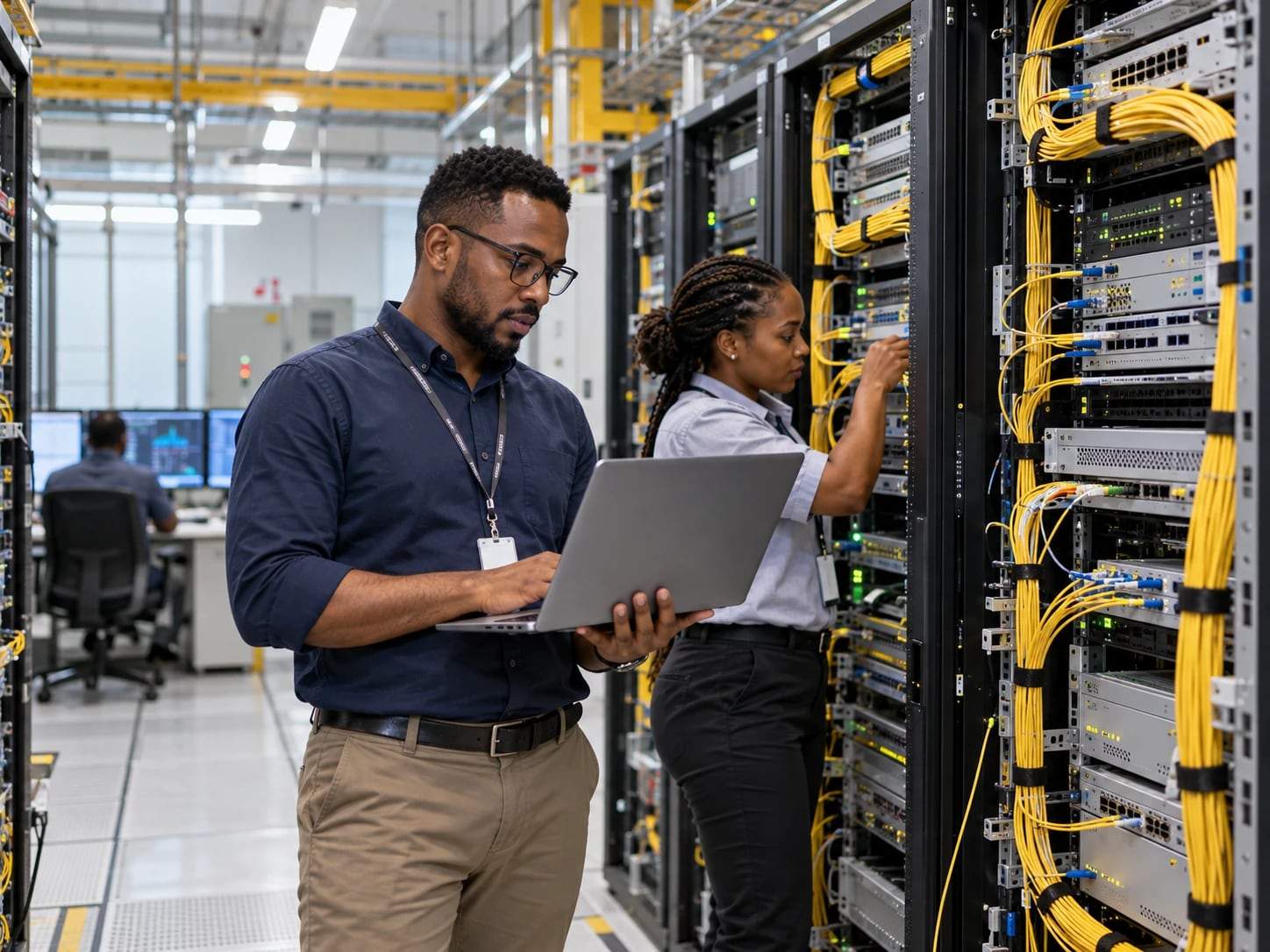 Engineers working on fiber racks in a carrier equipment hall