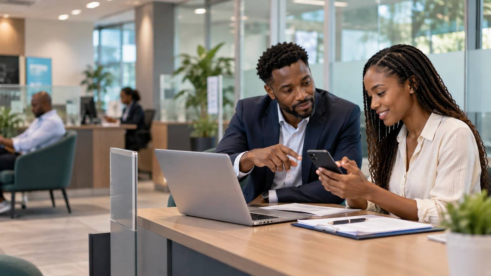 Bank relationship manager helping a customer on her smartphone at a branch desk
