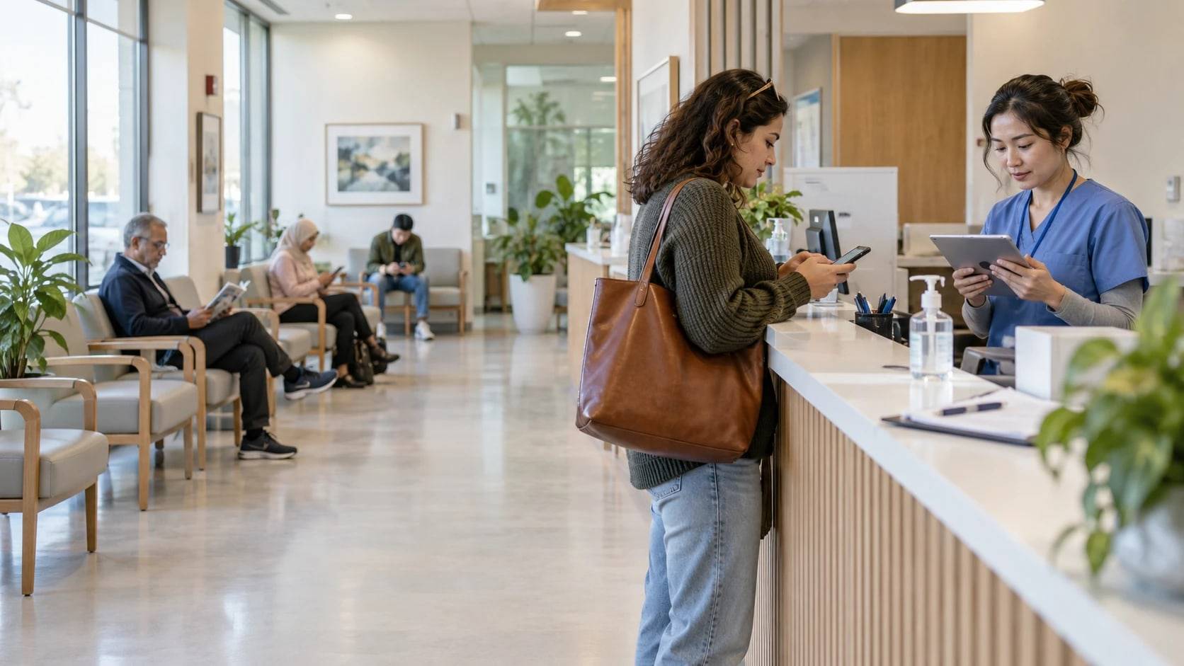 Clinic receptionist with a tablet helping a patient at the front desk