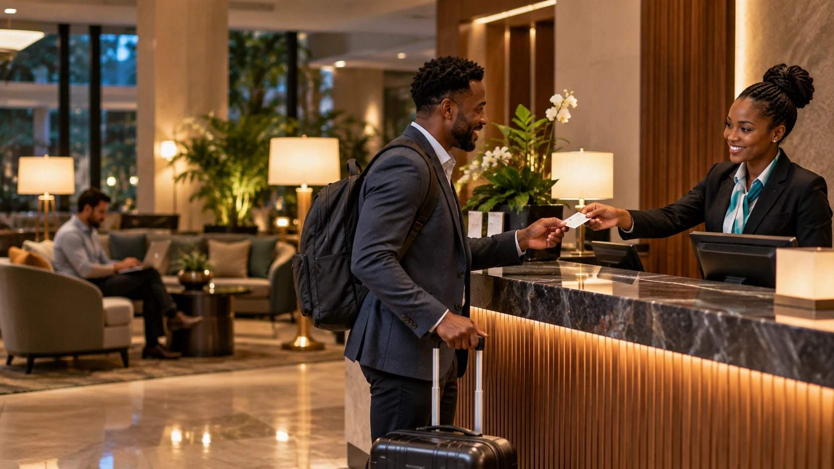 Hotel receptionist handing a key card to a smiling guest with a suitcase
