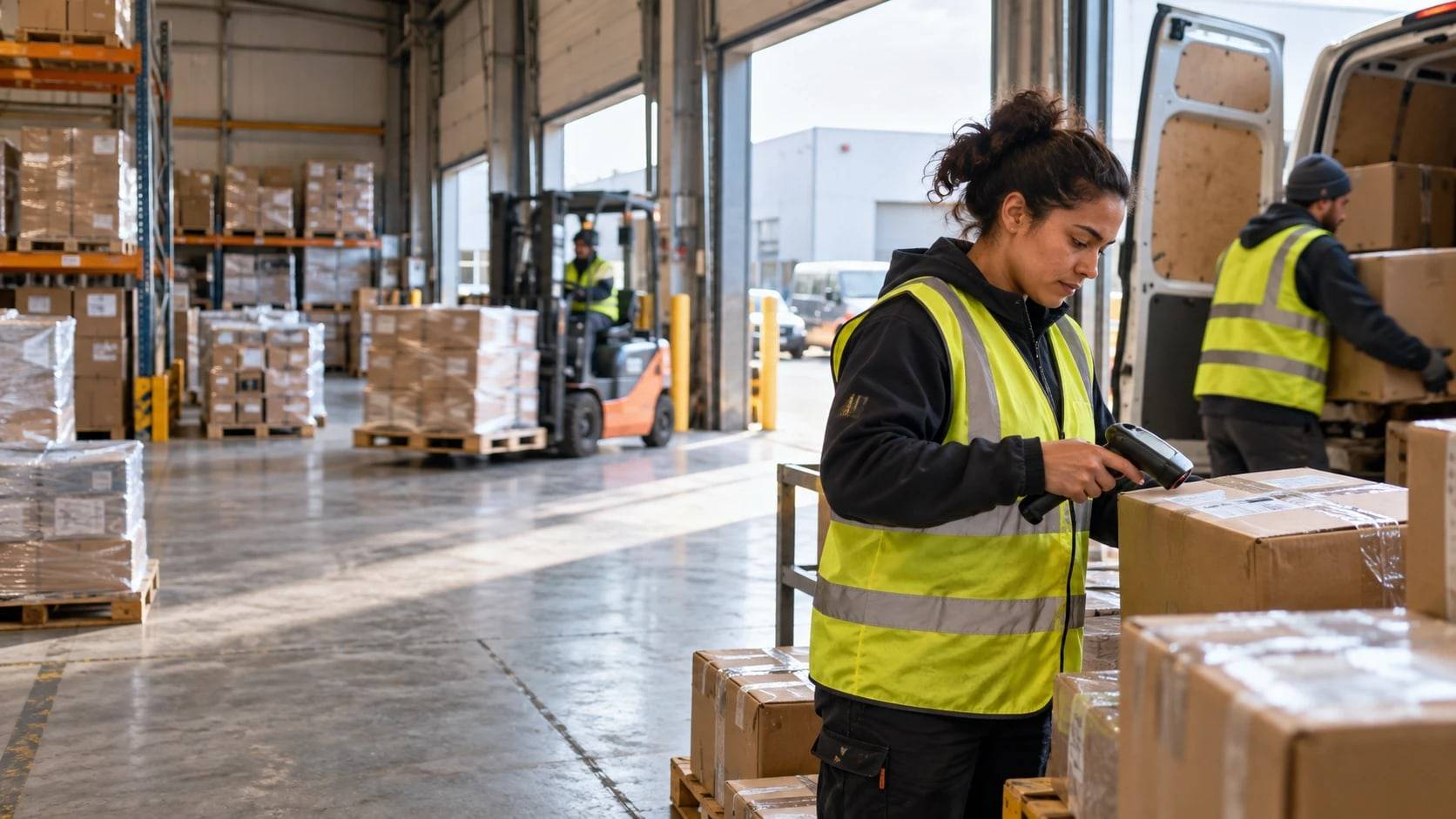 Workers loading a delivery van at a busy loading bay