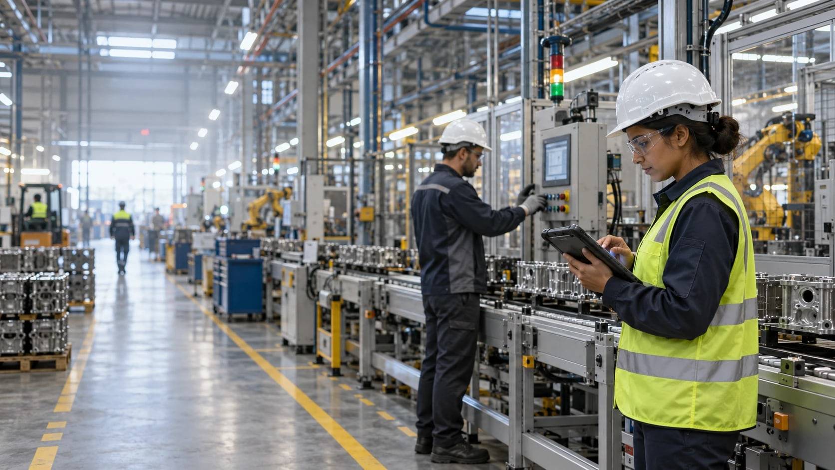 Engineer with a rugged tablet beside a production line on a modern factory floor