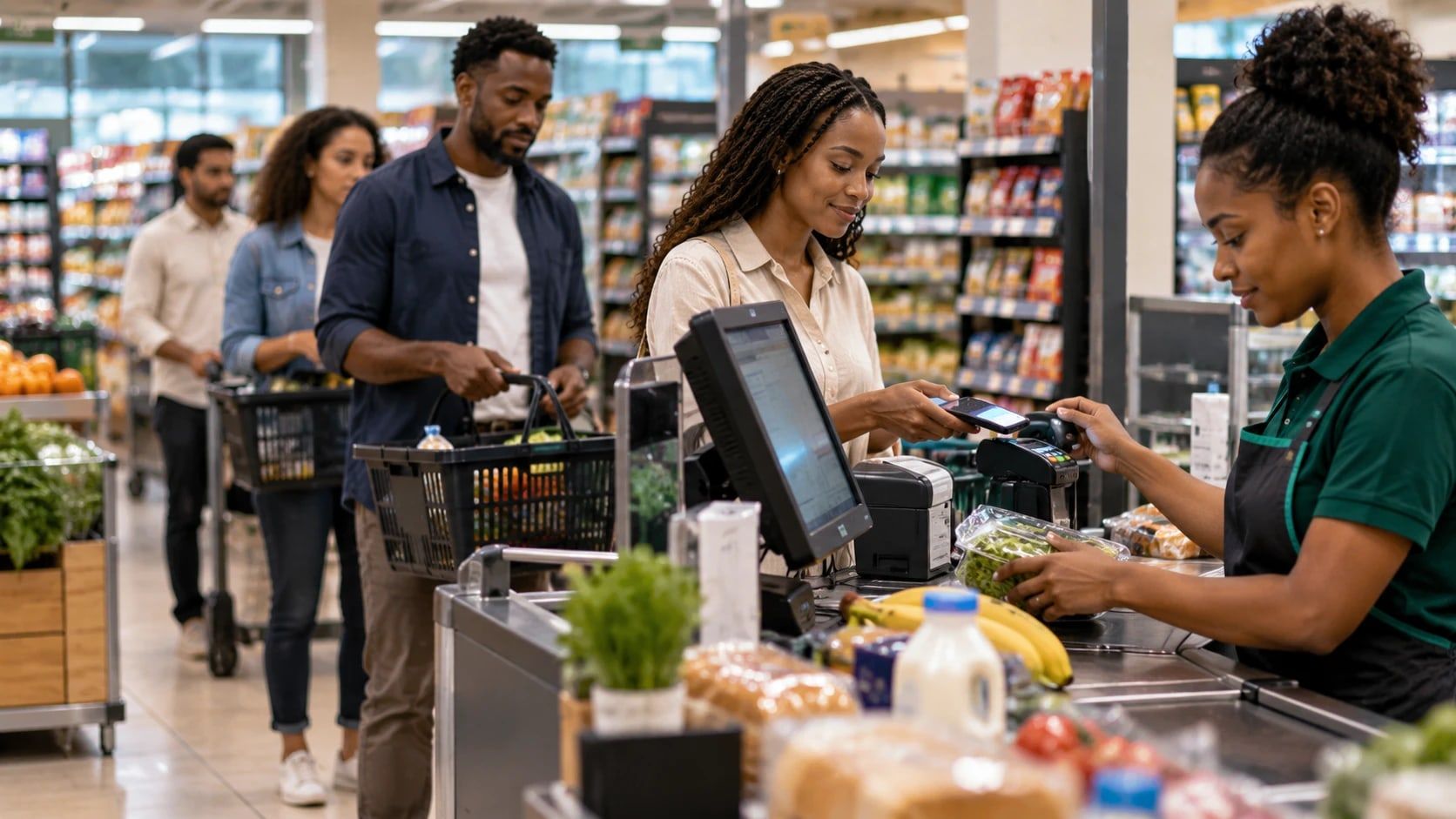 Cashier serving a customer paying by phone at a supermarket checkout