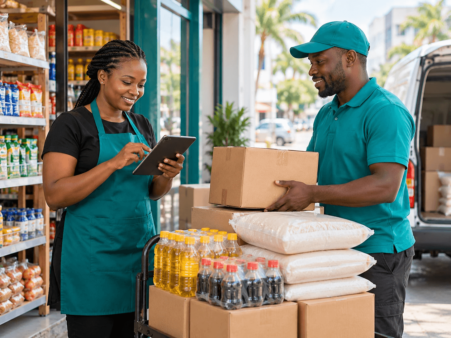 A shop owner checks a supplier delivery on a tablet as the driver hands over the goods