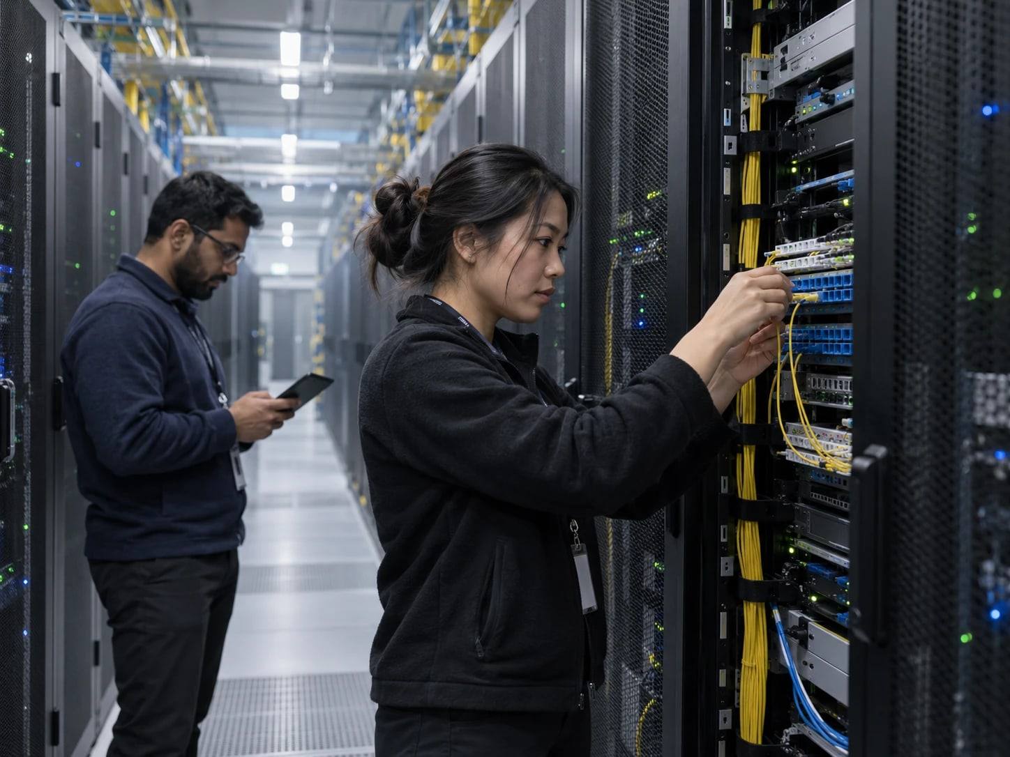 Engineer connecting fiber in a data centre while a colleague checks a tablet