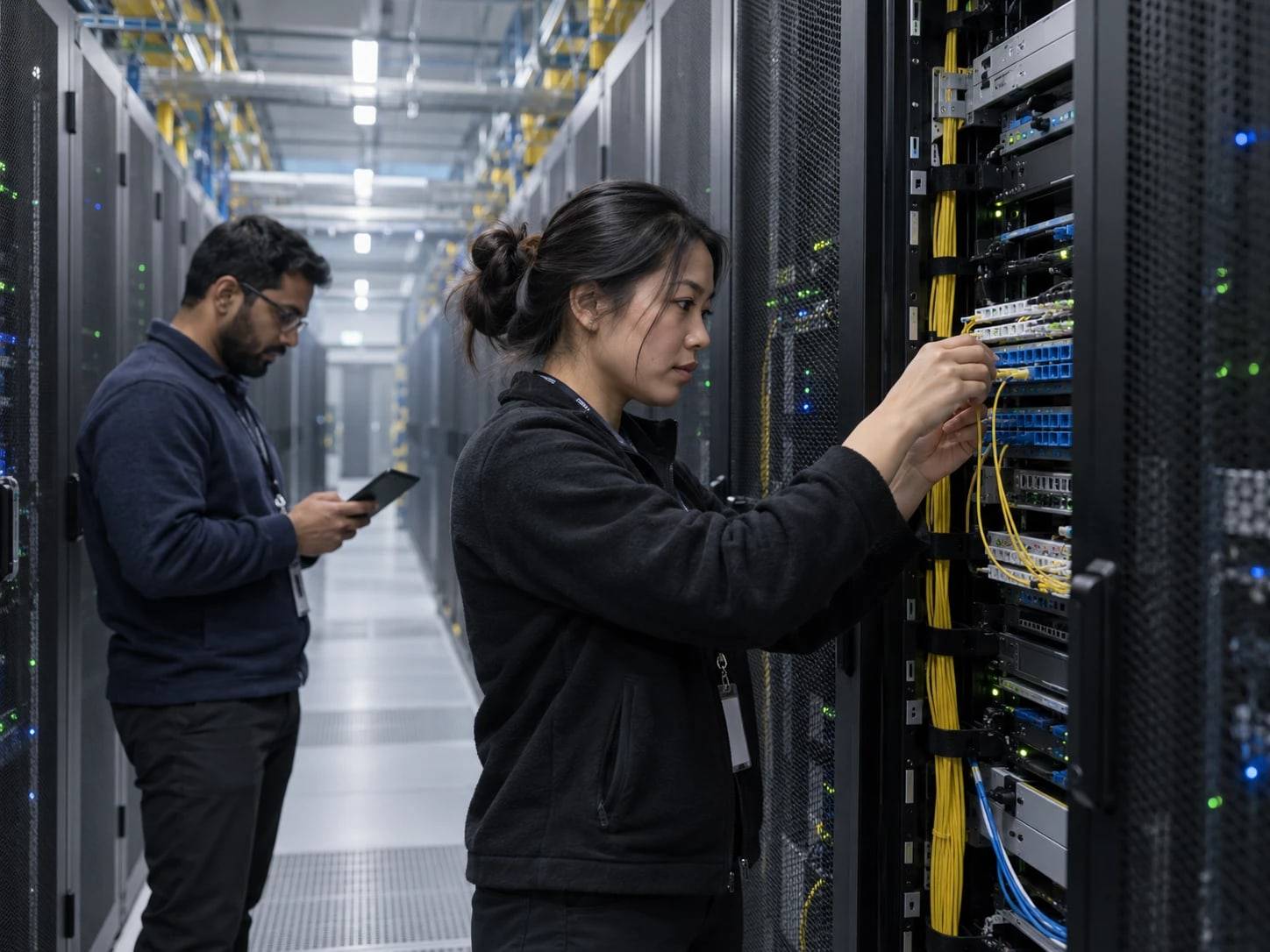 Engineer connecting a fiber patch cord in a data centre while a colleague checks a tablet