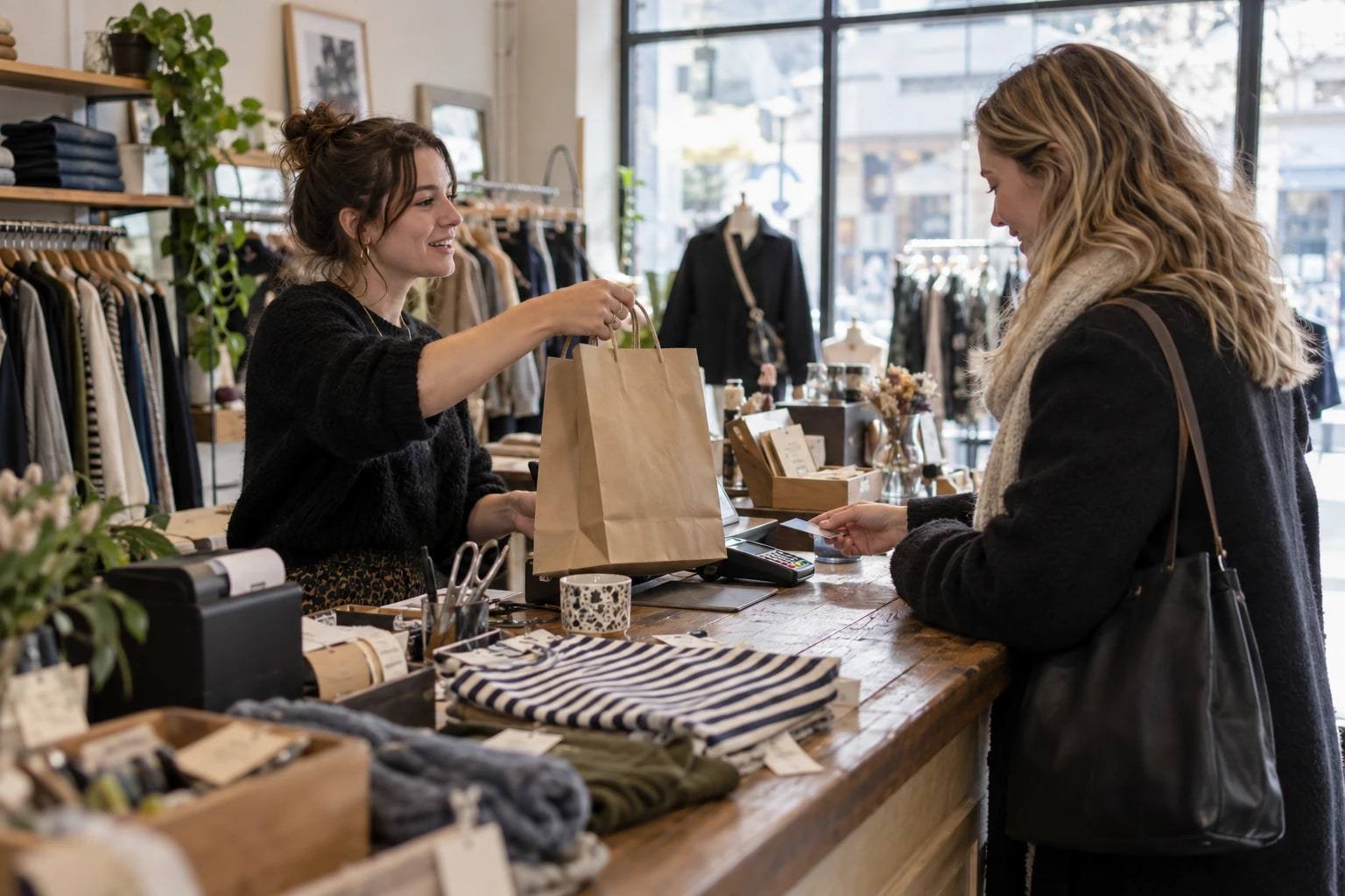 Shop owner serving a customer at a modern counter