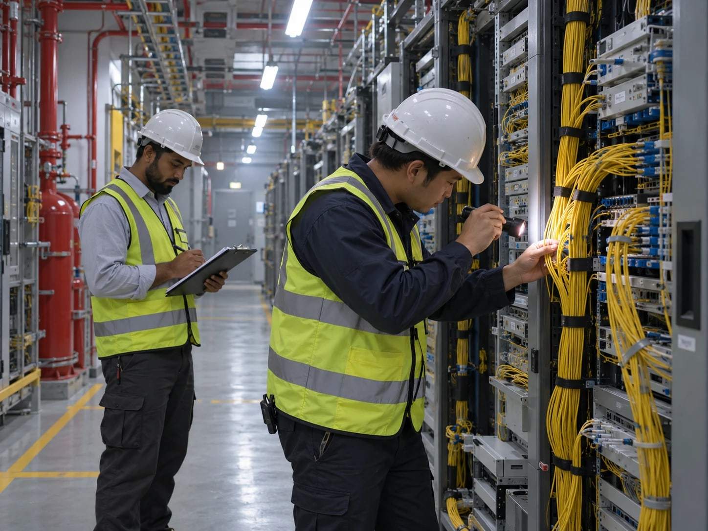 Engineers in hard hats checking equipment at a remote site